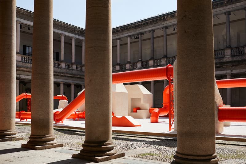 Samuel Ross Creates a Brutalist-Inspired Maze of Orange Pipes Inside an Italian Palazzo 