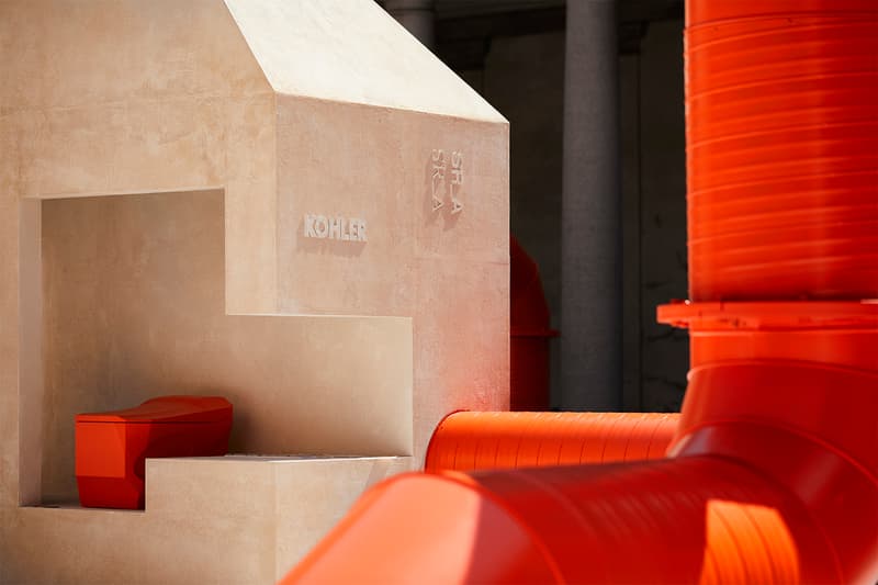 Samuel Ross Creates a Brutalist-Inspired Maze of Orange Pipes Inside an Italian Palazzo 