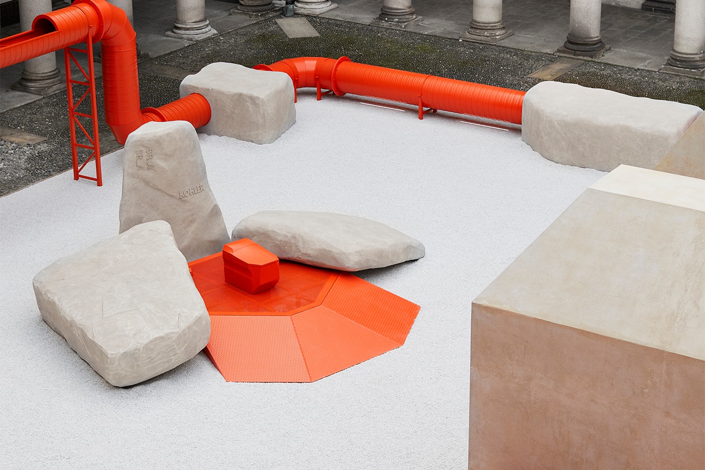 Samuel Ross Creates a Brutalist-Inspired Maze of Orange Pipes Inside an Italian Palazzo 