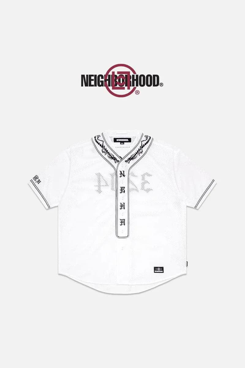 CLOT x NEIGHBORHOOD Link Back Up on Baseball Shirt capsule collection collab drop release price mesh jersey shirt pants hoodie fashion week runway shangai ss24 pants denim white mesh jersey recycled 