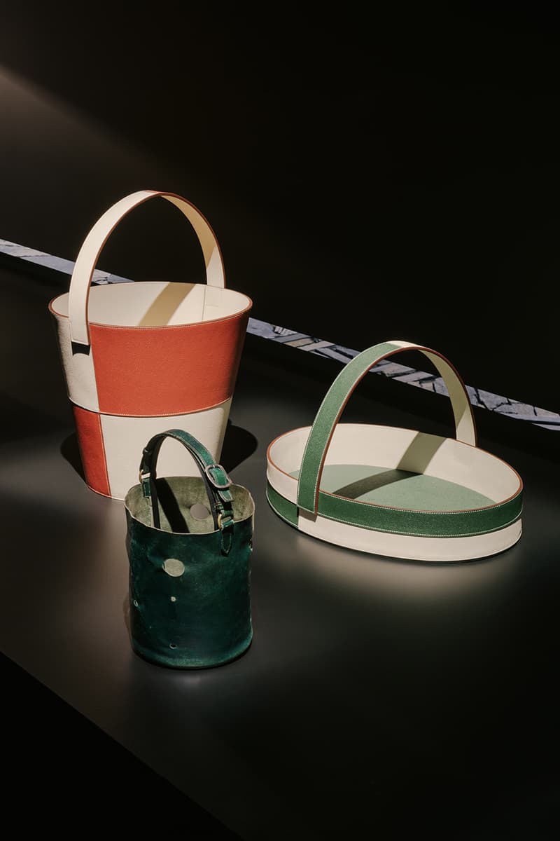 Hermès Presents Key Home Essentials for 2024 Milan Design Week release info chairs lamps stools basket bucket centrepiece leatherwork birkin kelly