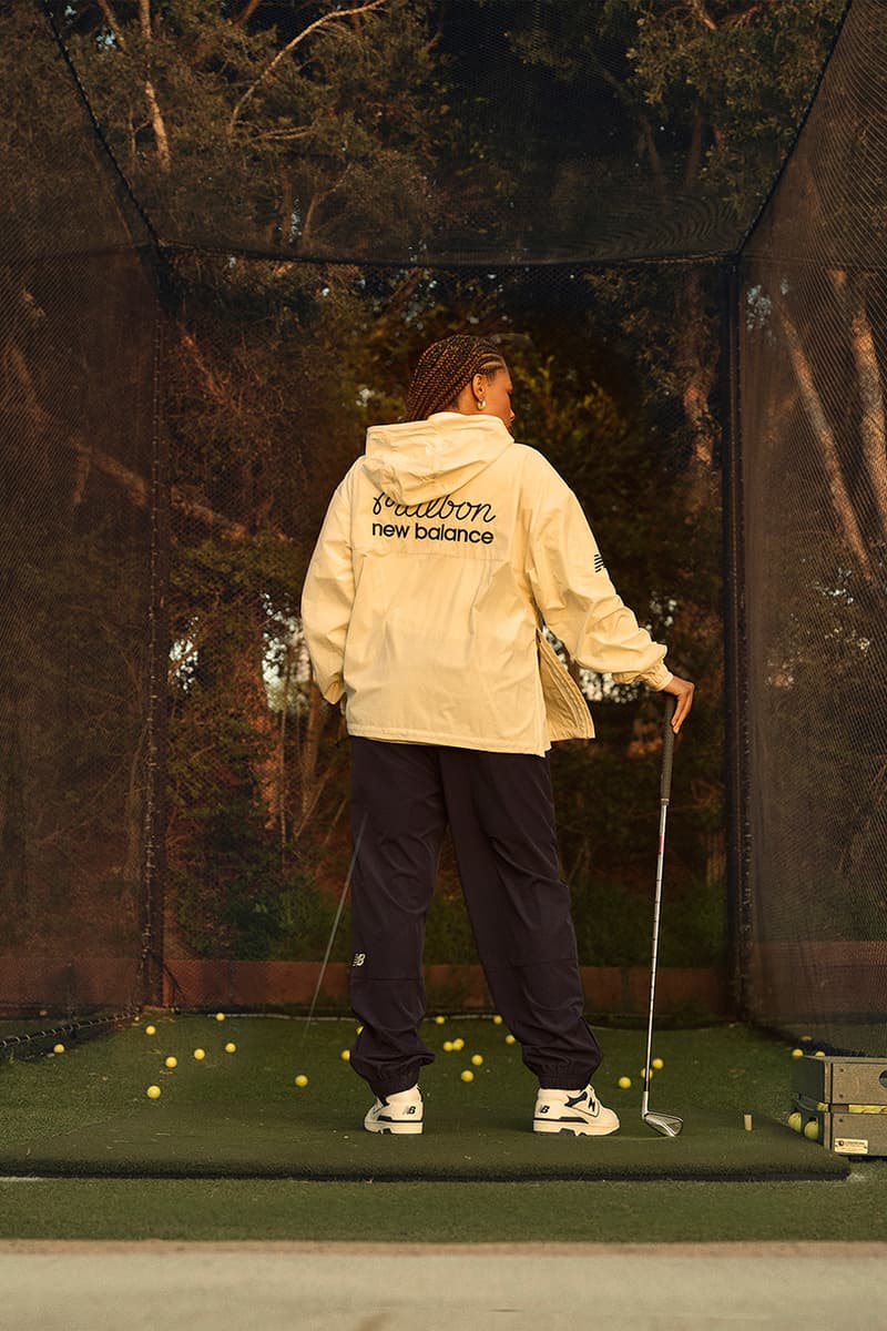 malbon golf new balance apparel collaboration capsule collection polo mock neck windbreaker shorts hat 550 shoes white navy black green