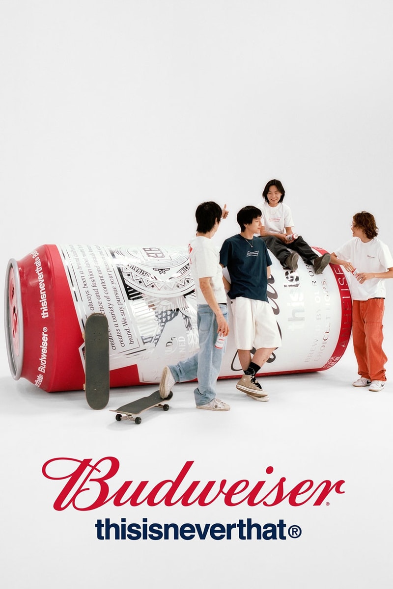 thisisneverthat x Budweiser Pop the Top on New Capsule collab collection capsule link release clothing brand co branded apparel fashion japan hong kong price t shirt graphic beer bottle ipa