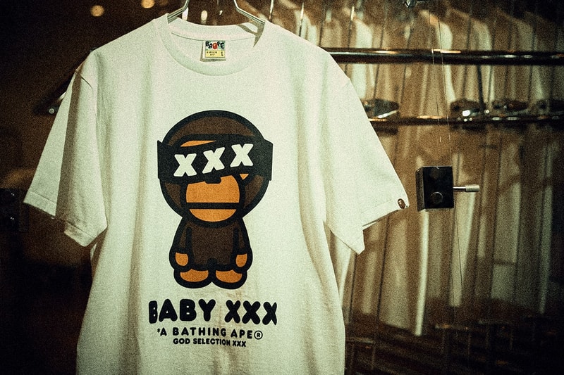GOD SELECTION XXX x BAPE Reveal New Graphics a bathing ape capsule collection release drop price link bee general graphic snowboard jacket shark zip up hoodie clock home accessories co brand label streetwear japan baby milo monkey figure toy cop drop