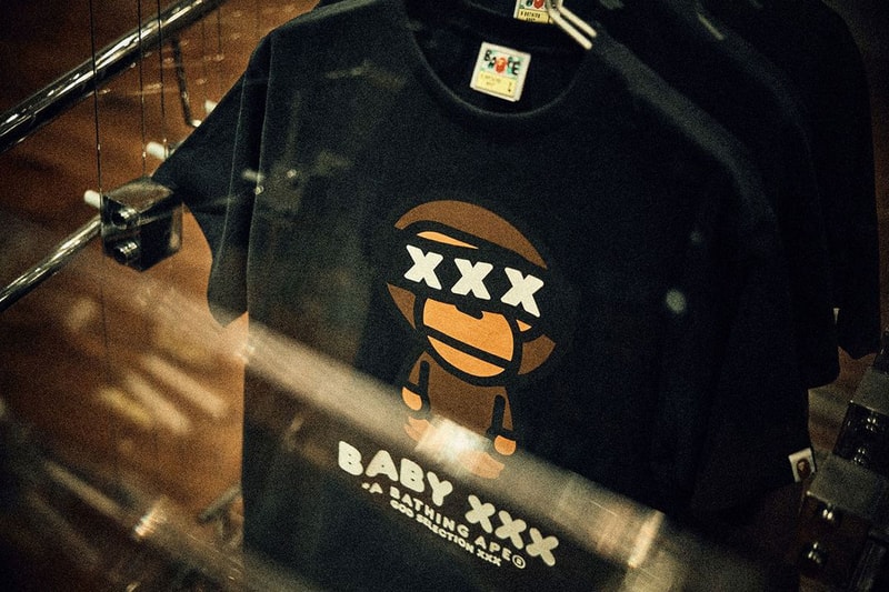 GOD SELECTION XXX x BAPE Reveal New Graphics a bathing ape capsule collection release drop price link bee general graphic snowboard jacket shark zip up hoodie clock home accessories co brand label streetwear japan baby milo monkey figure toy cop drop