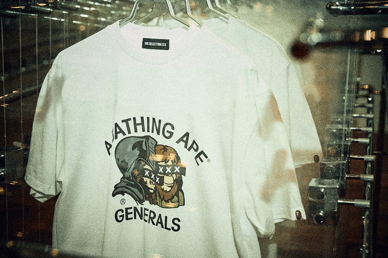 GOD SELECTION XXX x BAPE Reveal New Graphics a bathing ape capsule collection release drop price link bee general graphic snowboard jacket shark zip up hoodie clock home accessories co brand label streetwear japan baby milo monkey figure toy cop drop