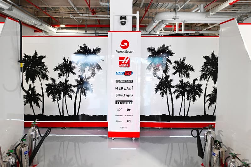 Palm angels formula 1 monogram haas f1 team racing motorsport collection alpinestars jacket pilot leather t-shirt collectible 13 paddock garage miami Grand Prix