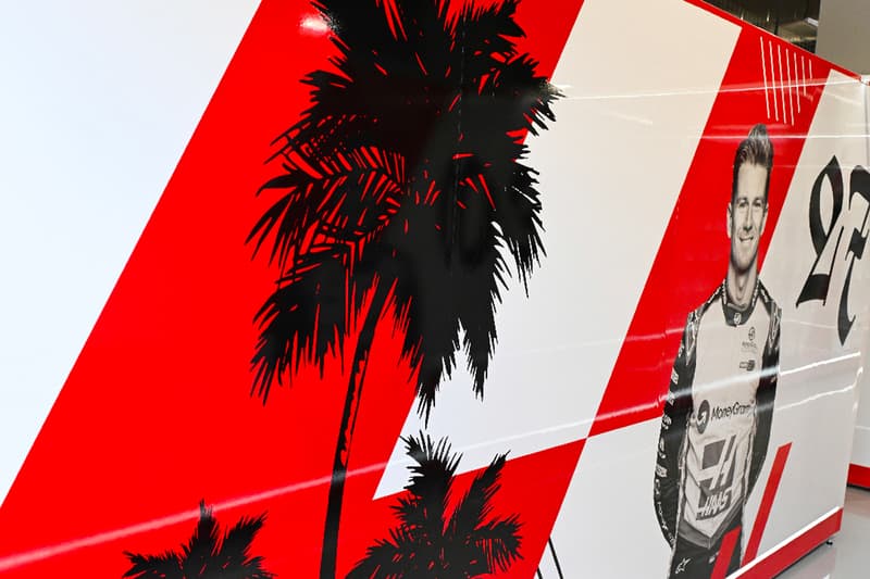 Palm angels formula 1 monogram haas f1 team racing motorsport collection alpinestars jacket pilot leather t-shirt collectible 13 paddock garage miami Grand Prix