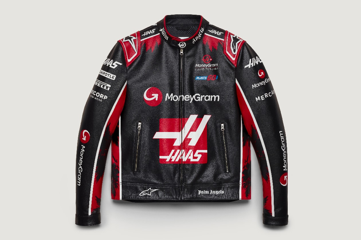 Palm angels formula 1 monogram haas f1 team racing motorsport collection alpinestars jacket pilot leather t-shirt collectible 13 paddock garage miami Grand Prix