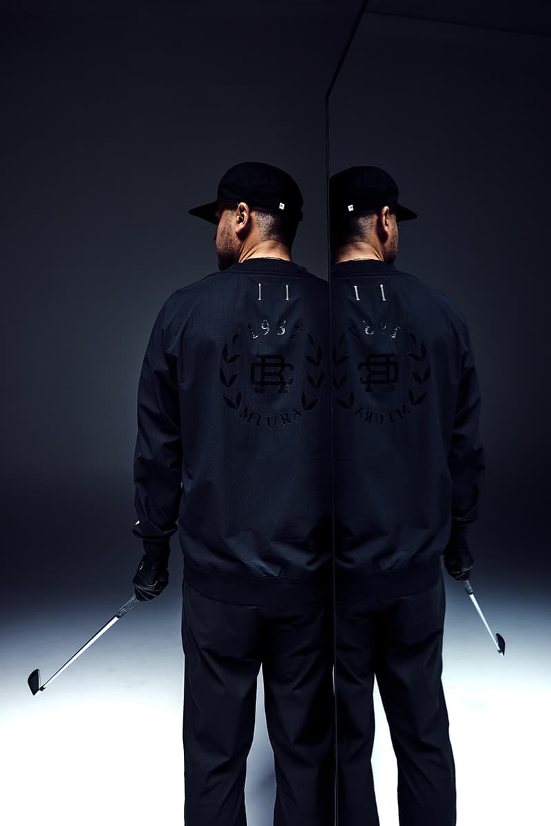 reigning champ miura golf collaboration collection mb 101 irons jacket polo shorts pullover t shirt hat black logo