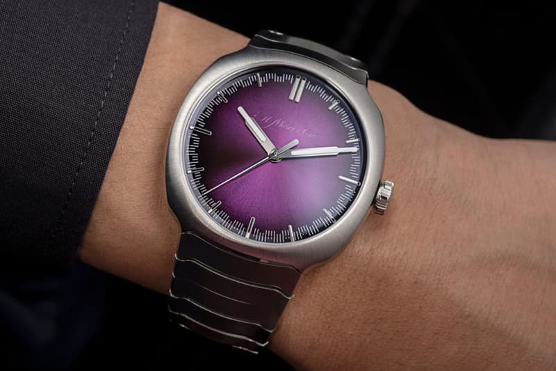 H. Moser & Cie. Streamliner Centre Seconds Matrix Green Purple Haze Info reference 6201-1200 6201-1200 steel fumé dial intergrated steel bracelet HMC 201 automatic caliber 