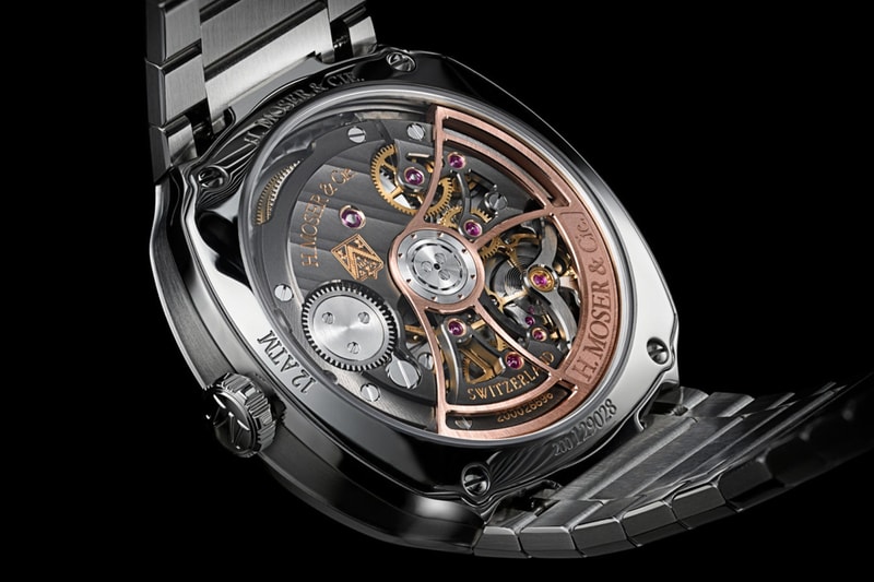 H. Moser & Cie. Streamliner Centre Seconds Matrix Green Purple Haze Info reference 6201-1200 6201-1200 steel fumé dial intergrated steel bracelet HMC 201 automatic caliber 