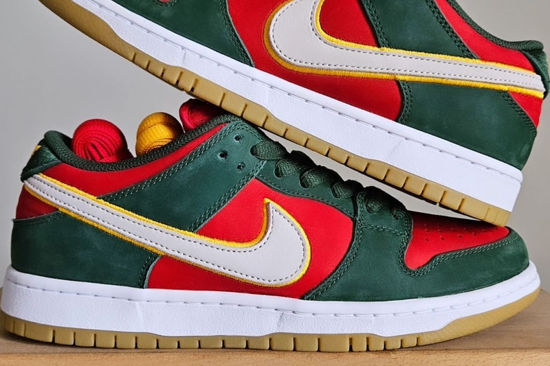 Nike SB Dunk Low PRM Surfaces in "Seattle Supersonics" FZ1287-300 Fir/White-University Gold-Fire Red low top swoosh nba 