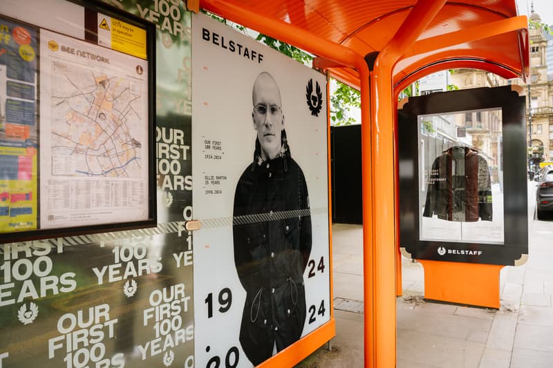 belstaff manchester anniversary 100 years activation campaign murals posters exhibition centenary jacket bus stop billboard advertising