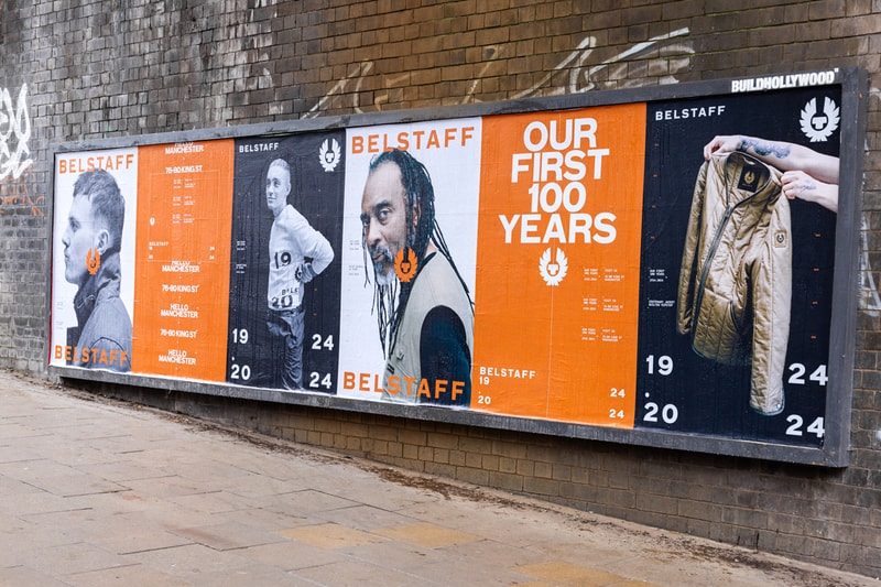 belstaff manchester anniversary 100 years activation campaign murals posters exhibition centenary jacket bus stop billboard advertising