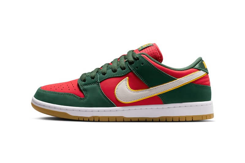 Nike SB Dunk Low PRM Surfaces in "Seattle Supersonics" FZ1287-300 Fir/White-University Gold-Fire Red low top swoosh nba 