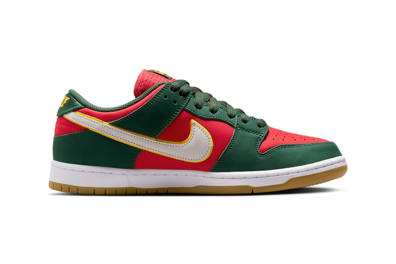 Nike SB Dunk Low PRM Surfaces in "Seattle Supersonics" FZ1287-300 Fir/White-University Gold-Fire Red low top swoosh nba 