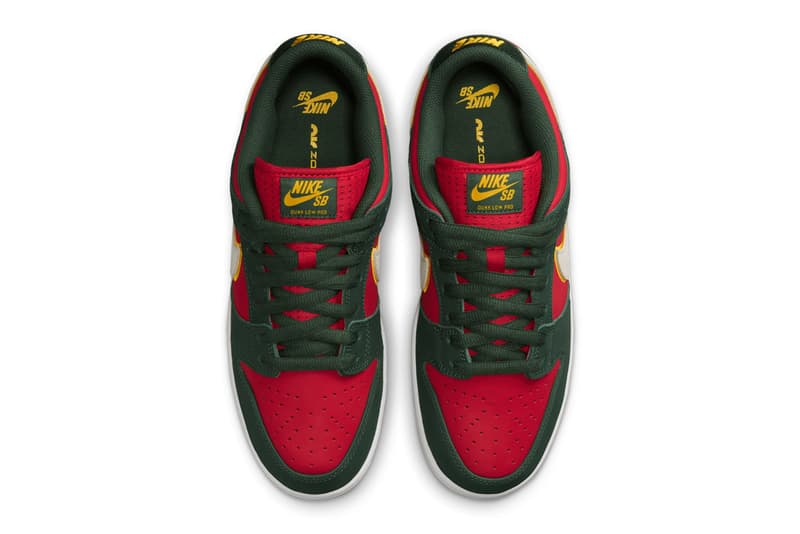 Nike SB Dunk Low PRM Surfaces in "Seattle Supersonics" FZ1287-300 Fir/White-University Gold-Fire Red low top swoosh nba 