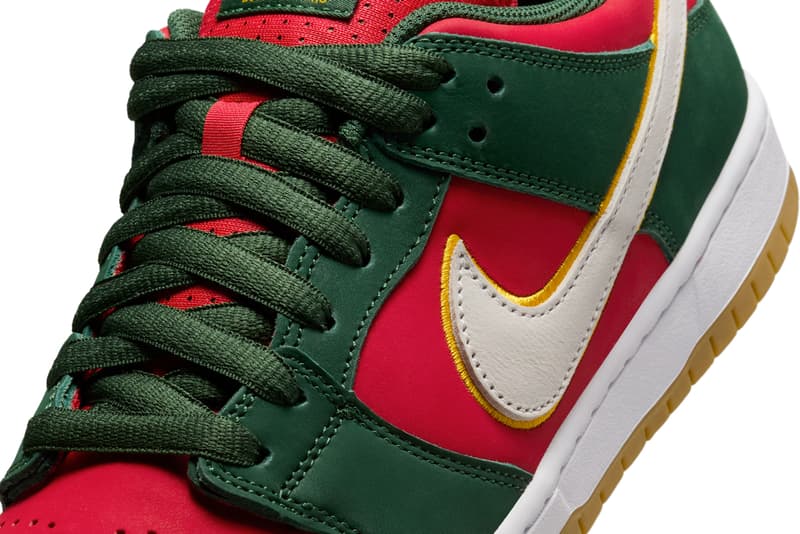 Nike SB Dunk Low PRM Surfaces in "Seattle Supersonics" FZ1287-300 Fir/White-University Gold-Fire Red low top swoosh nba 