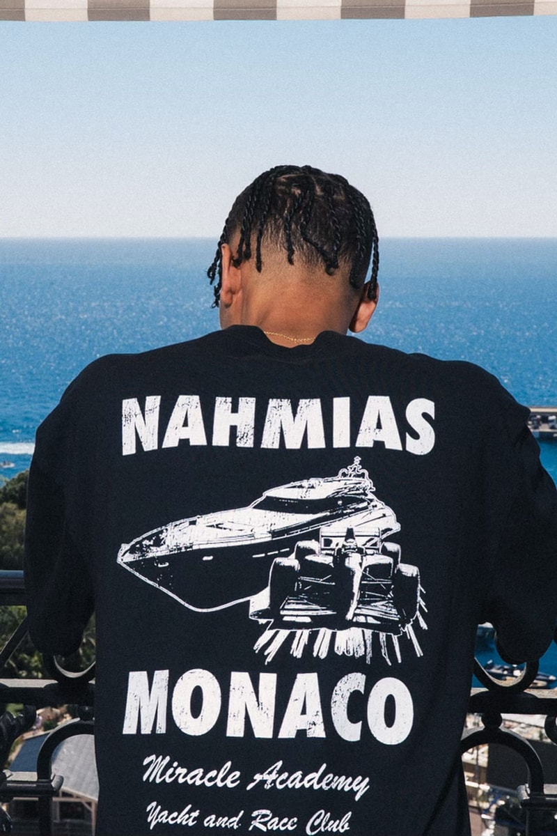 NAHMIAS Hits the Racetrack for the Monaco Grand Prix formula one 1 f1 capsule collection lookbook release price t shirt graphic hoodie price hotel hours dates address miracle academy lewis hamilton yacht club car