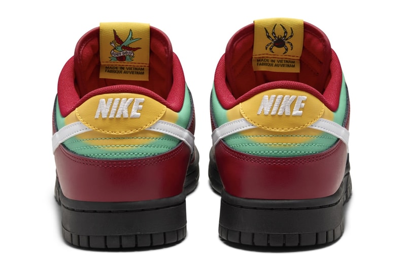 Official Look at Nike Dunk Low "Bike Tattoos" FZ3057-001 Black/White-Gym Red-University Gold-Atomic Teal release info swoosh