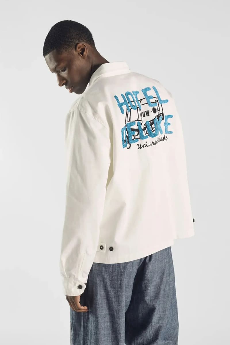 Universal Works Opens Its "Hotel Deluxe" Lookbook for the Summer capsule collection uk london across the pond nottingham link collection capsule drop release price print pattern hoodie oxford shirt button fabric suit jacket shorts pants apparel fashion staycation vacation bahamas Bridlington