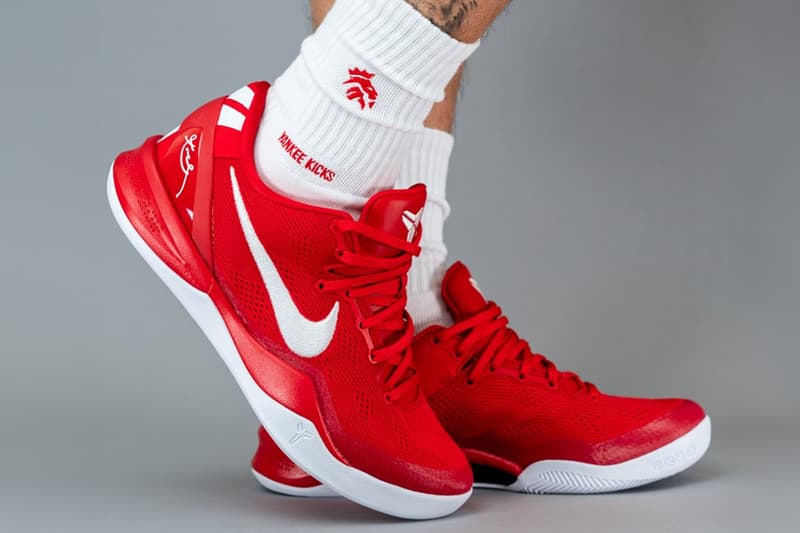 On-Feet Look at the Nike Kobe 8 Protro "University Red" fall 2024 release info kobe bryant basketball shoes swoosh black mamba vanessa bryant yankeekicks