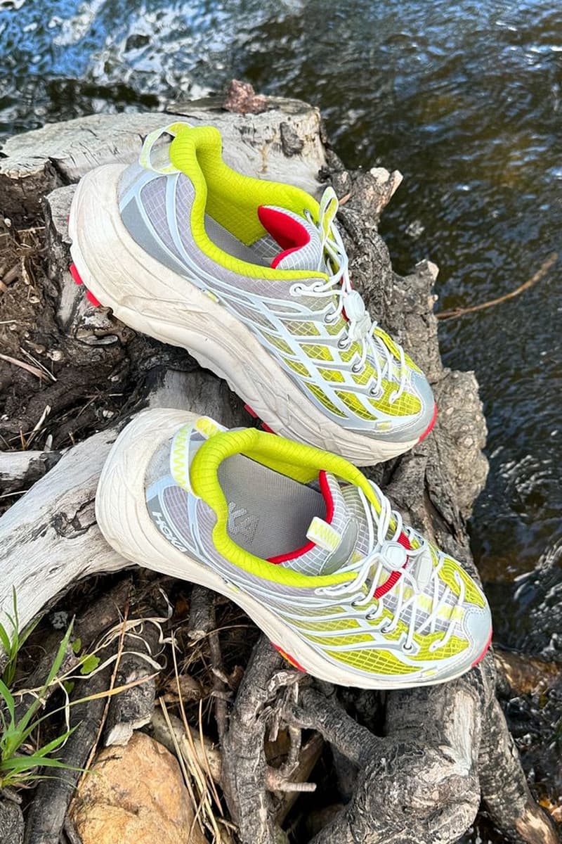 Nicole McLaughlin Neon Yellow HOKA Mafate THREE2 collaboration gaiter adjustable trail sneaker second rendition model preview 