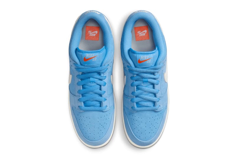 First Look at the Nike SB Dunk Low ISO "University Blue" University Blue/Sail-Psychic Blue-Gum Light Brown-Safety Orange spring 2025 FJ1674-401 swoosh low top 