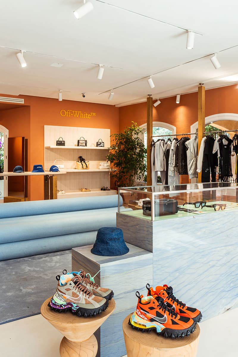 Off-White™ Opens Boutique in Porto Cervo italy hours store link pop up release collection fashion caspule sneaker be right back italian sardinia resort summer imprint design luxury lvmh pop up temporary hours address location Promenade du Port