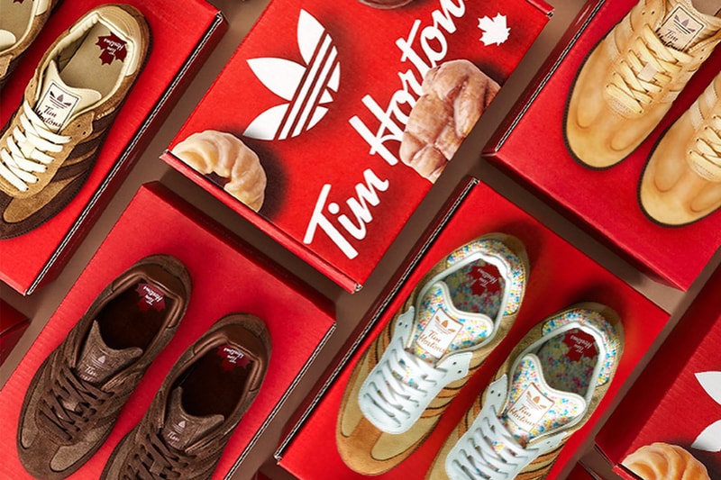 Tim Hortons Releases Exclusive adidas Originals Sambas for National Donut Day timbits canadian chocolate glaze vanilla dip boston cream double chocolate honey cruller 