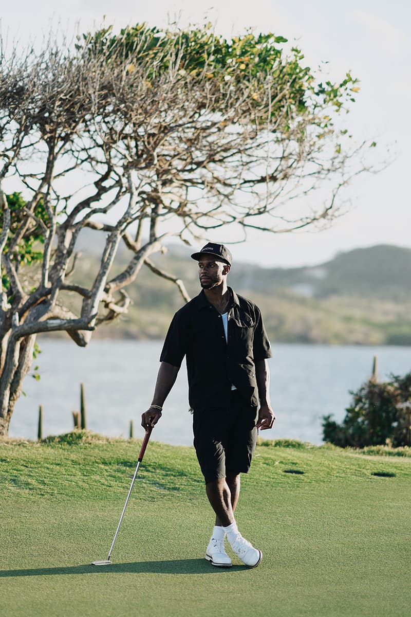 manors golf high summer capsule collection victor cruz josh denzel cabot st lucia shorts polo navy stripes tan