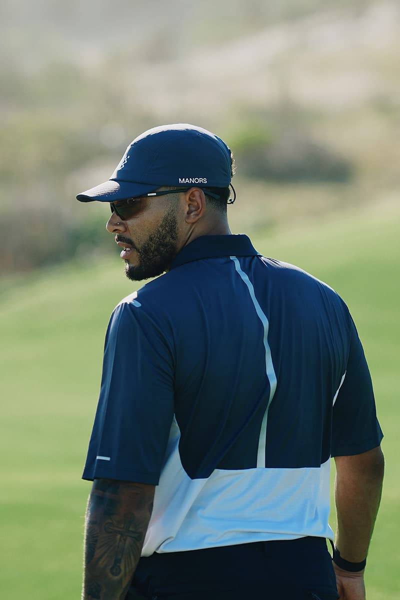 manors golf high summer capsule collection victor cruz josh denzel cabot st lucia shorts polo navy stripes tan