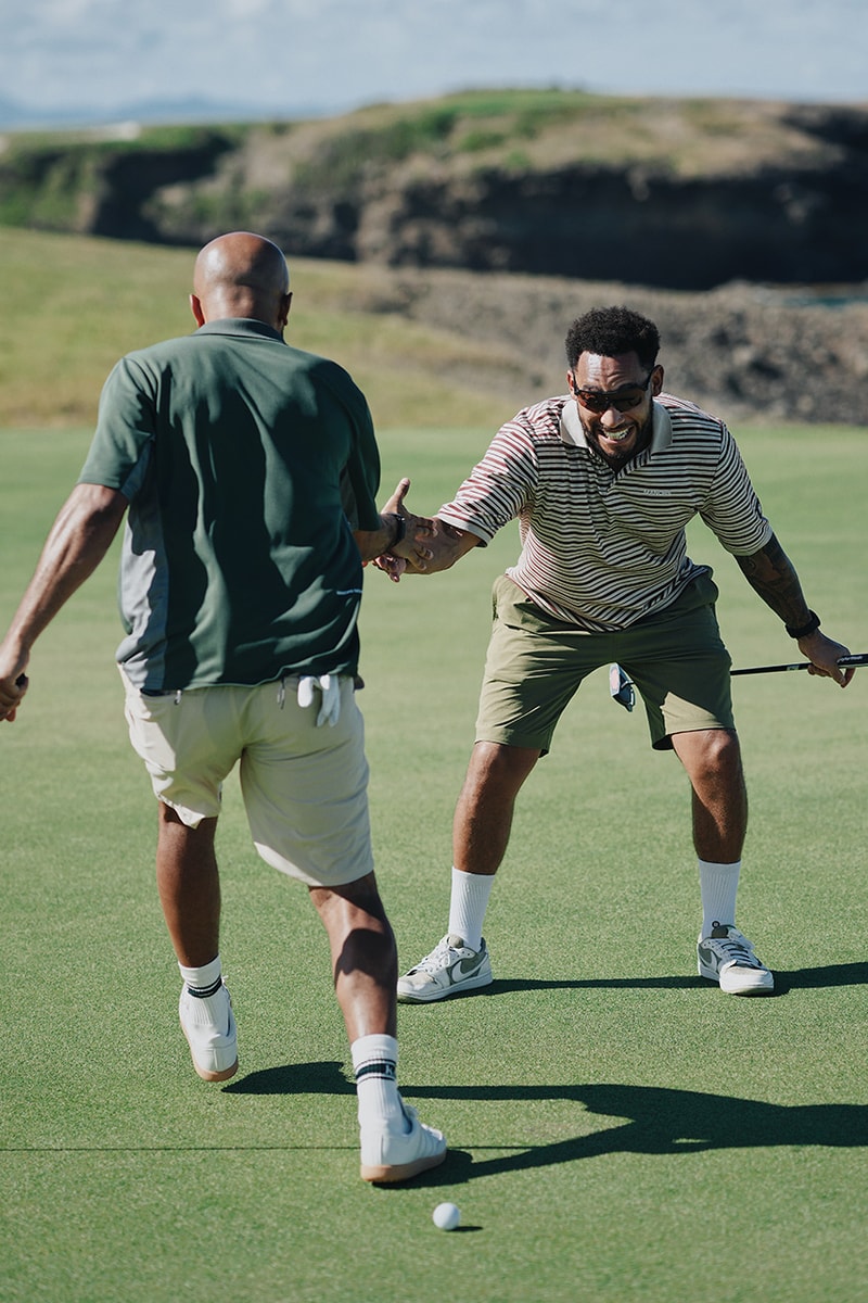 manors golf high summer capsule collection victor cruz josh denzel cabot st lucia shorts polo navy stripes tan