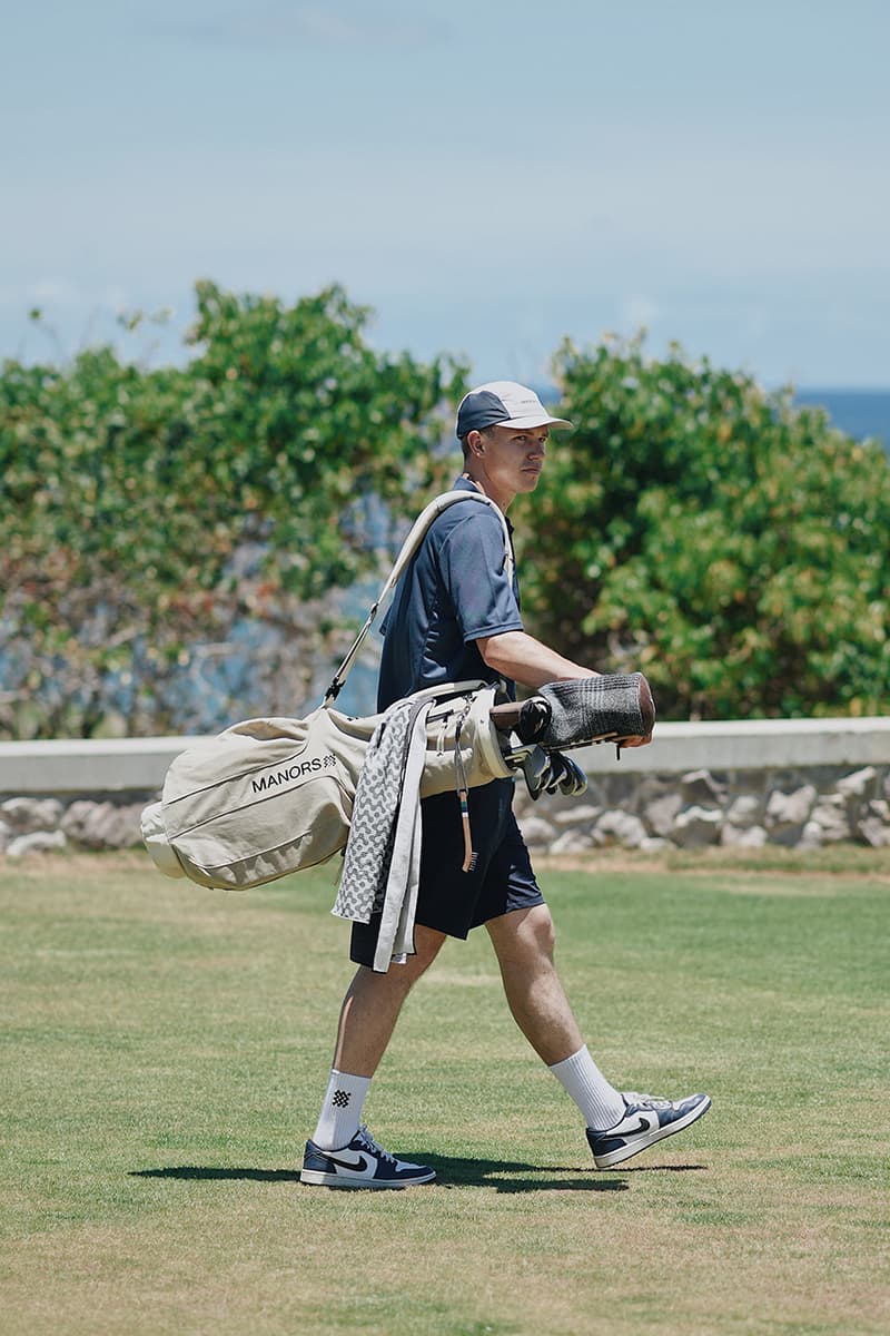 manors golf high summer capsule collection victor cruz josh denzel cabot st lucia shorts polo navy stripes tan