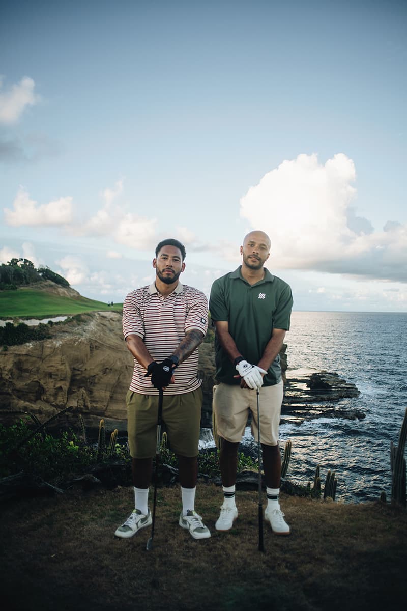 manors golf high summer capsule collection victor cruz josh denzel cabot st lucia shorts polo navy stripes tan