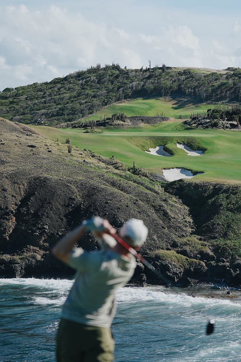 manors golf high summer capsule collection victor cruz josh denzel cabot st lucia shorts polo navy stripes tan