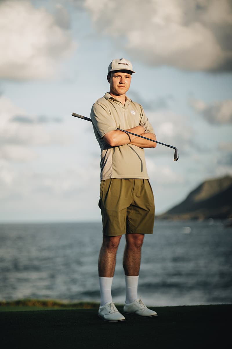 manors golf high summer capsule collection victor cruz josh denzel cabot st lucia shorts polo navy stripes tan