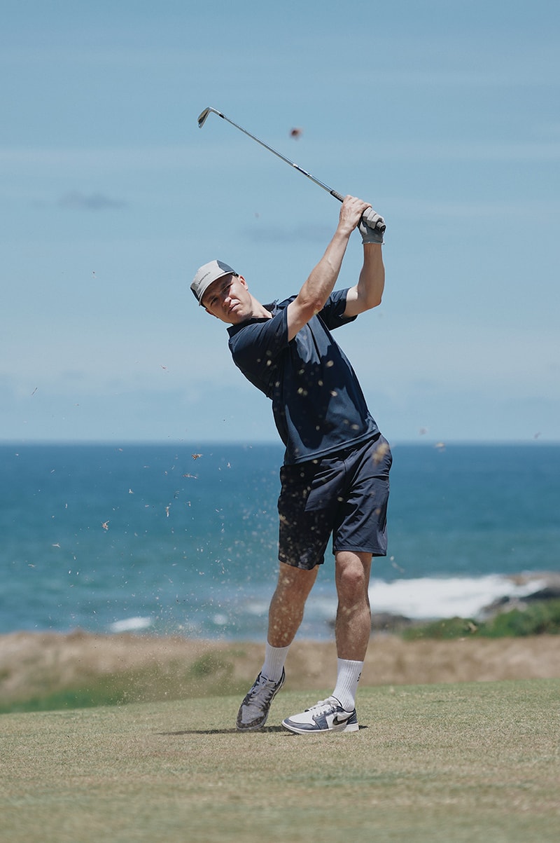 manors golf high summer capsule collection victor cruz josh denzel cabot st lucia shorts polo navy stripes tan