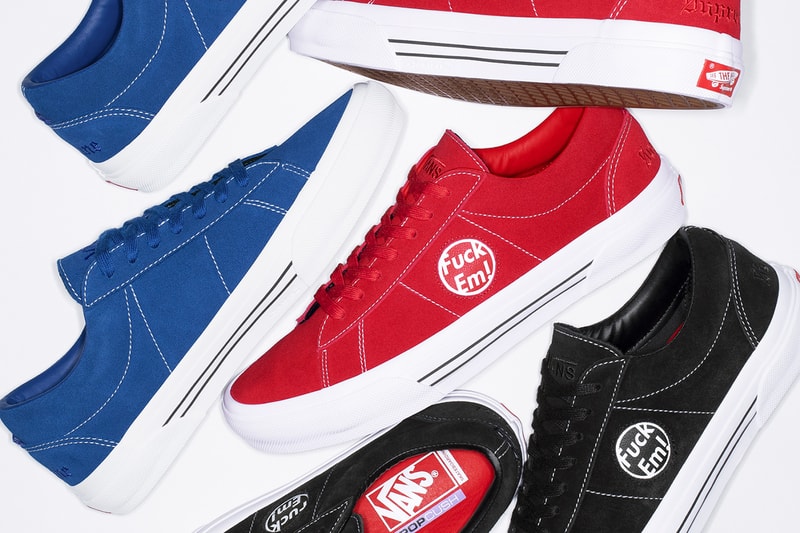 Supreme x Vans Summer 2024 Collaboration custom sid three colorways suwede upper leather vulcanized waffle outsole cusotm heel label leather graphic fuck em