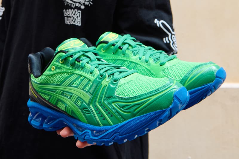 Exclusive Look at ASICS' Upcoming GEL-KAYANO 14 Collaboration With Zack Bia's Field Trip Recordings sneaker electric green and blue 