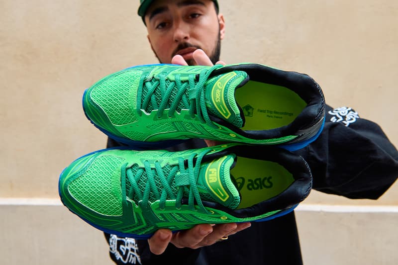 Exclusive Look at ASICS' Upcoming GEL-KAYANO 14 Collaboration With Zack Bia's Field Trip Recordings sneaker electric green and blue 