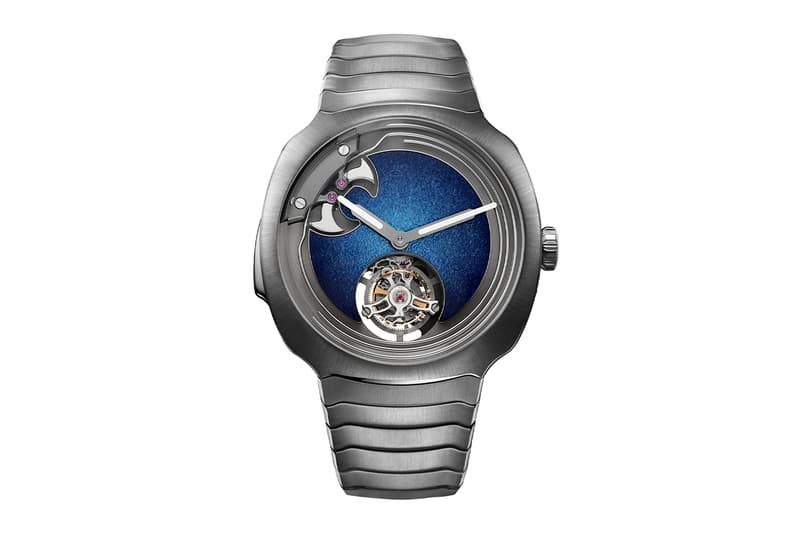 H. Moser & Cie. Streamliner Concept Minute Repeater Tourbillon Blue Enamel Release Info cushion shape case fumé aqua blue hammered Grand Feu enamel dial HMC 905 caliber