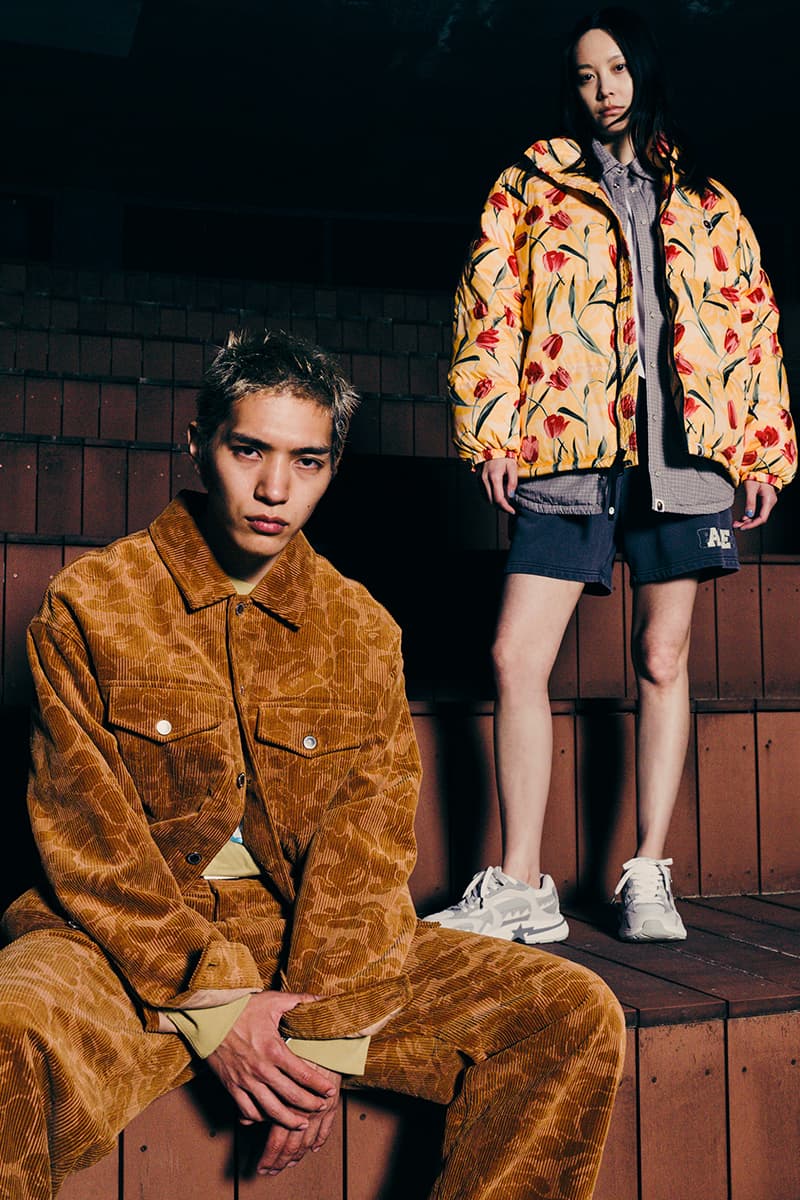 BAPE's FW24 Takes on a "Subculture Aesthetic"colleciton hip hop Marbling Camo, Lux Sport Pattern, Floral Camo, STA Houndstooth Pattern, Japanese Tattoo Camo 20th anniversary of the shark full zip