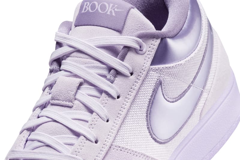 First Look at the Nike Book 1 "Lilac Bloom" FJ4249-500 july 18 snkrs devin booker swoosh purple phoenix suns nba basketball shoes