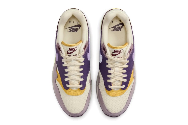Nike Air Max 1 '87 "Hydrangeas/Dark Raisin" HQ4051-500 Dark Raisin/Hydrangeas-Light Violet Ore release info purple air max day retro leather comfortable everyday shoes 
