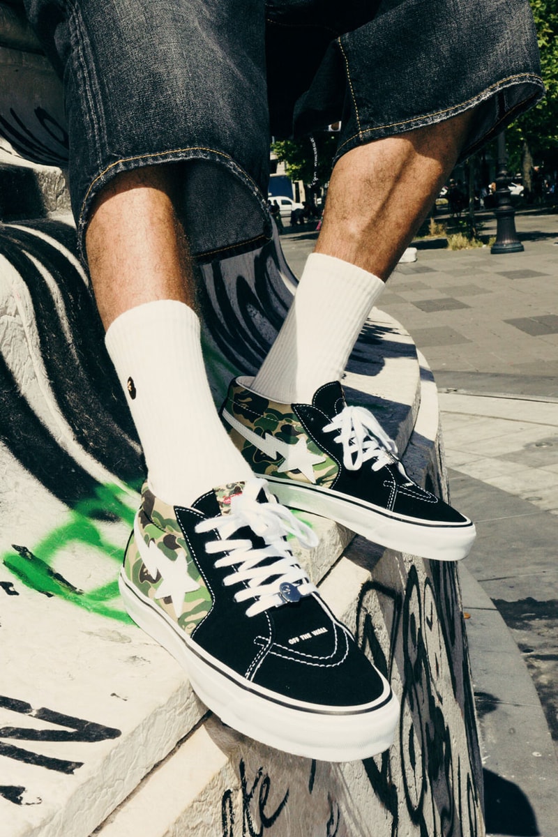 Vans x Bape Rework the Old Skool and Sk8-Mid sneaker footwear model link purchase sta star skate shoe school quarter upper charm shoelace colorway pink blue camo camoflauge green shark ape head a bathing ape sidestripe 