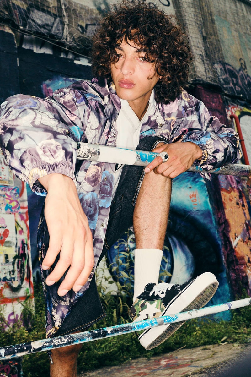 Vans x Bape Rework the Old Skool and Sk8-Mid sneaker footwear model link purchase sta star skate shoe school quarter upper charm shoelace colorway pink blue camo camoflauge green shark ape head a bathing ape sidestripe
