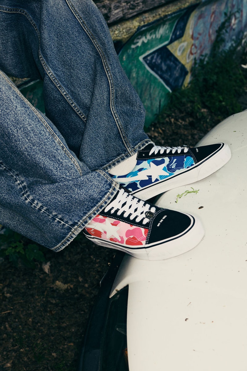 Vans x Bape Rework the Old Skool and Sk8-Mid sneaker footwear model link purchase sta star skate shoe school quarter upper charm shoelace colorway pink blue camo camoflauge green shark ape head a bathing ape sidestripe 