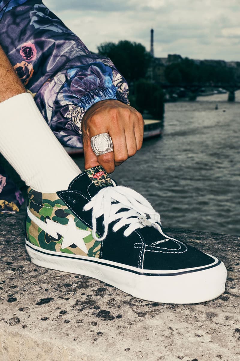 Vans x Bape Rework the Old Skool and Sk8-Mid sneaker footwear model link purchase sta star skate shoe school quarter upper charm shoelace colorway pink blue camo camoflauge green shark ape head a bathing ape sidestripe 